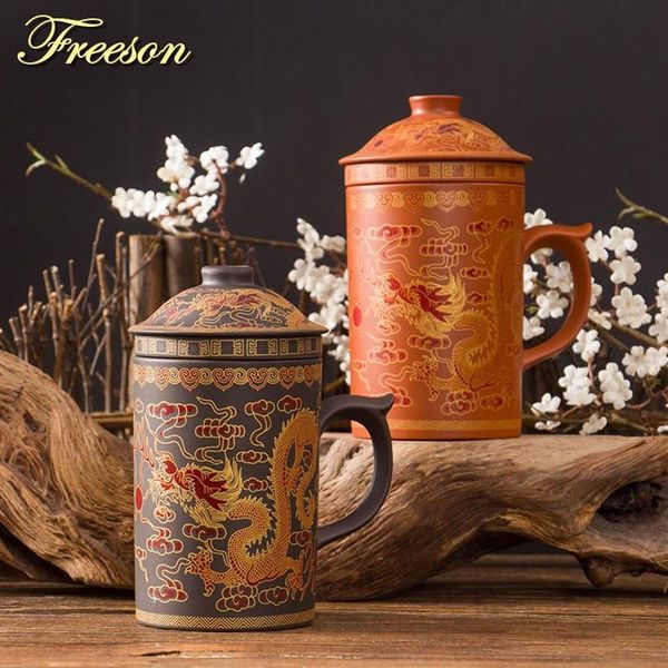 Caneca de chá de argila roxa retrô tradicional chinesa dragão fenix com tampa infusor artesanal yixing zisha xícara de chá 300ml caneca de presente t242w