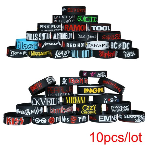 Bilezikler 10 PCS Heavy Metal Bantlar Silikon Bilezikler Kaya Rulo Müzik Bileklikleri Punk Hayranları Hediye Koleksiyonu