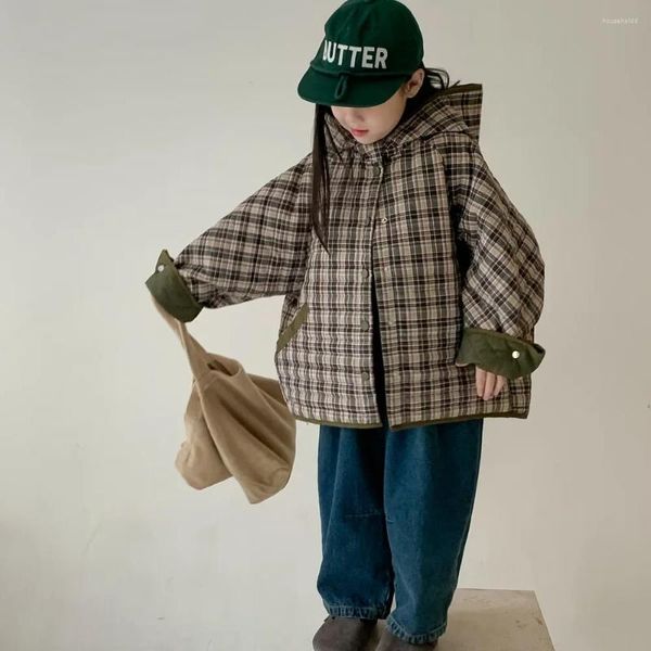Piumino per ragazze Giacche oversize trapuntate scozzesi moda invernale Cappotti imbottiti larghi con cappuccio in cotone per bambini