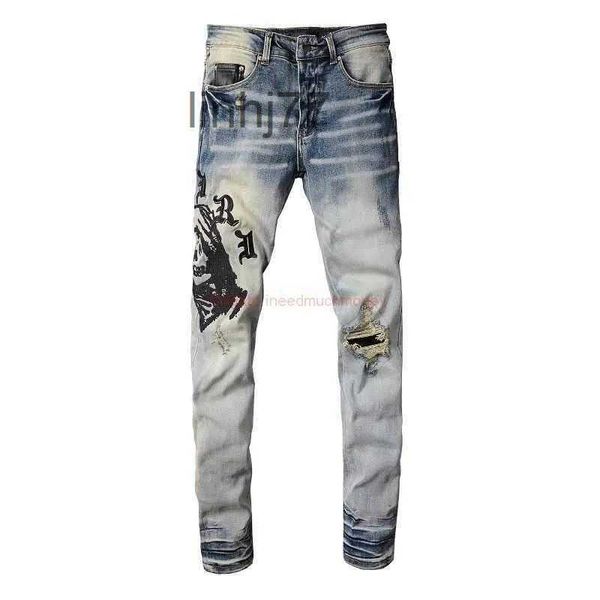 Herren Jeans Designerkleidung Amires Denim Hosen High Street Amies Modemarke 882 Blue Gorilla Head Stickerei Stretch Loch Trend Sli46WR