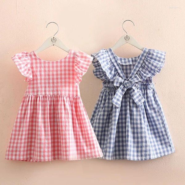 Mädchen Kleider 2024 Sommer 2 3 4 5 6 7 8 9 10 Jahre Kinder College Stil Plaid Oansatz Baumwolle fliegende Ärmel rückenfreies Kleid für Kinder Baby