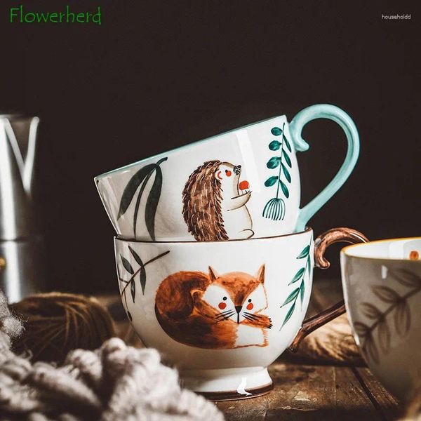 Кружки с милыми животными, керамическая кружка с ручной росписью, кофейная чашка с ручкой, послеобеденный чай, домашний цветок, лесное животное