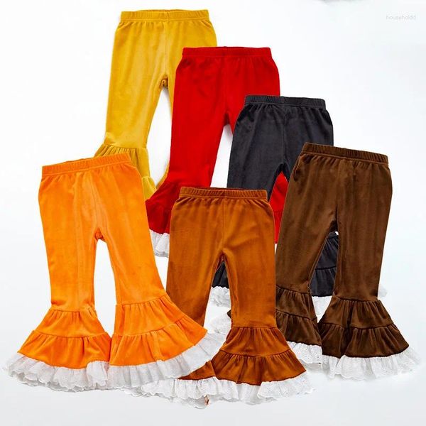 Pantolonlar Girlymax Sonbahar Kış Bebek Kız Bebek Key Kazık Kıyafetleri Çocuklar Katı Dantel Ruffles Kadife Boot Cut Sıkı Parlama Pantolonları Elastik All Maç