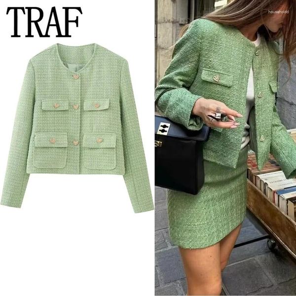 Damenjacken ONKOGENE 2024 Grüne Tweedjacke Frauen Vintage Abgeschnittene Frau Mode Herbst Elegante Damen Langarm Kurzmäntel