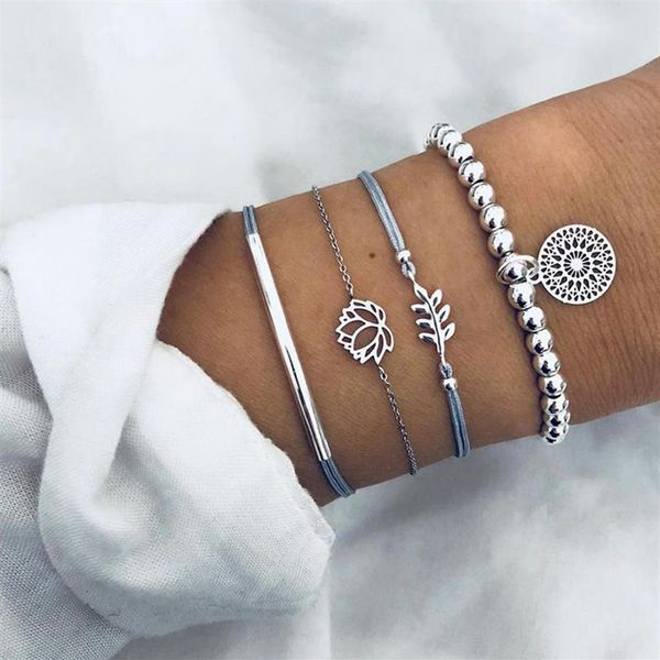 4 pezzi Set Boho Foglie cave Lotus Dream Catcher Perline Catena in pelle Argento Bracciale multistrato Accessori per gioielli con fascino femminile2080