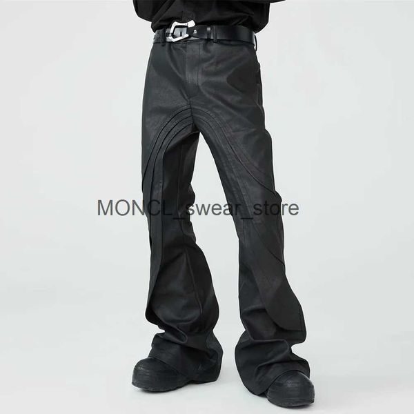 Männer Jeans Streetwear Breites Bein Wachs Pu Leder Boot Cut Schwarz Farbe Baggy Casual Ausgestellte Jeans Gerade Casual Cargo Hosen übergroßeH24131