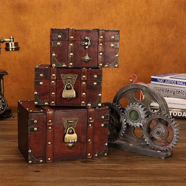 Scatole di immagazzinaggio Contenitori Grande scatola di legno di metallo vintage con serratura Valigia di gioielli per regali Artigianali Organizzatore Decorazioni per scrivania Packaging271r