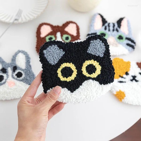 Artes e ofícios DIY Punch Needle Coaster Starter Kits Cute Cat Needlework Lã Poke Kit de bordado mágico Fios para iniciantes Decoração de casa