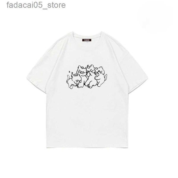 Erkek tişörtleri Japon sevimli kedi baskı kısa kollu tişört kadınlar için yaz yeni ins gevşek pamuk yarı kollu Kore moda y2k çift q240131