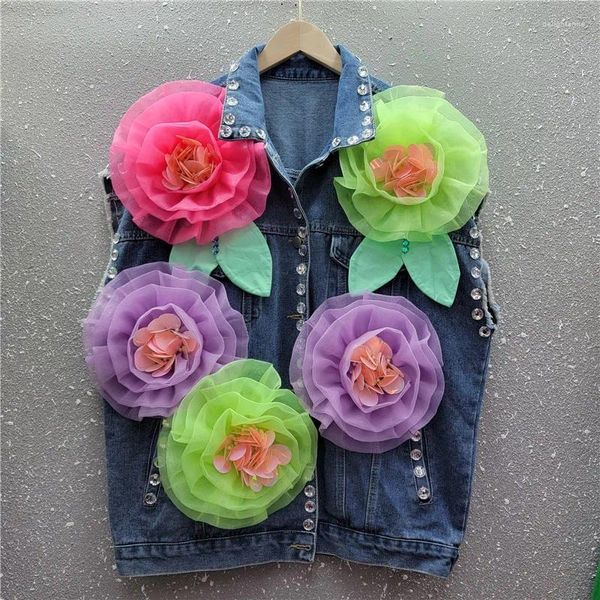 Coletes femininos perfurando 3d malha flores colete solto floral strass denim gaze splice cristal jeans cardigan cowboy regatas