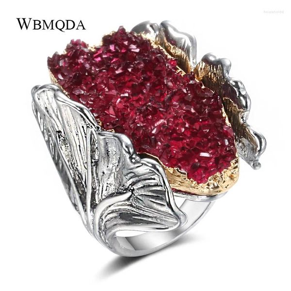 Anéis de cluster wbmqda grande pedra natural mulheres anel vintage olhar tibetano prata moda vermelho cristal flor noiva casamento antigo jóias