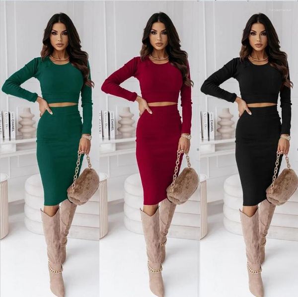 Vestido de duas peças feminino elegante magro 2 conjunto outono inverno manga longa o-pescoço bodycon colheita superior lápis saia conjuntos casuais festa senhoras ternos