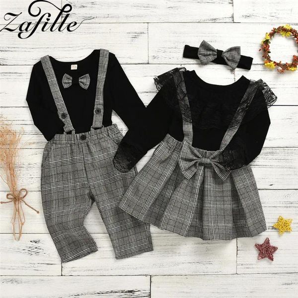 Conjuntos de roupas Zafille Brother Sister Matching Outfits para meninas e bebê menino roupas conjunto top macacão com gravata crianças criança