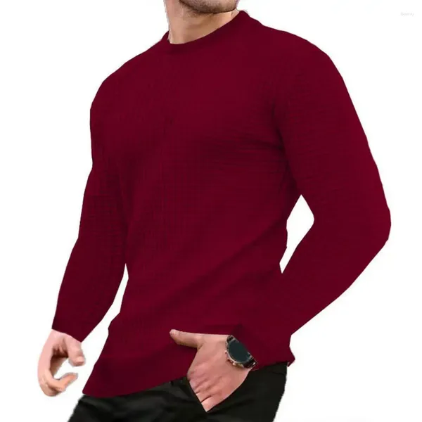 T-shirt da uomo Tinta unita Top Slim Fit Waffle Texture T-shirt a maniche lunghe Pullover morbido e traspirante per l'autunno primavera di media lunghezza