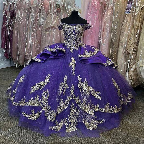 Macchia viola Abiti da principessa Quinceanera 2024 Cristalli di lusso Appliques corsetto con lacci prom dolce 16 Abiti da 15 anos