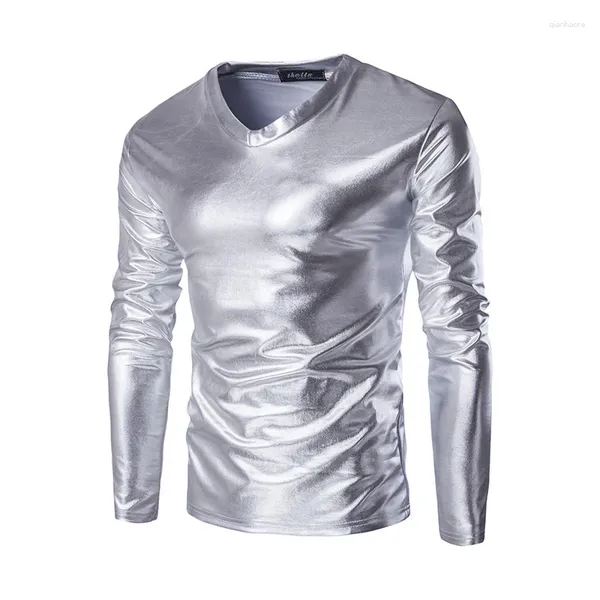 Erkek Tişörtleri #4129 Bahar Sonbahar Siyah Altın Gümüş T-Shirt Erkekler Uzun Kollu Kulüp Giyim İnce Şinny Street Giyim Hip Hop Gömlek 4xl