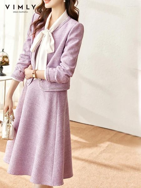 Arbeitskleider Vimly Elegante zweiteilige Tweed-Sets Damen-Outfits 2024 Koreanische Mode Kurze Jacke A-Linie Midi-Rock in Mathing V7688