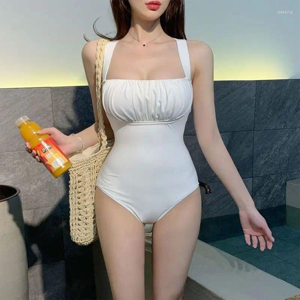 Женские купальники, женский цельный сексуальный купальник, чистый цвет, белый летний женский купальный костюм, монокини с широкими бретелями на спине, 2024