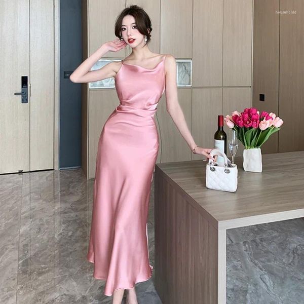 Vestidos casuais korejepo elegante estilo sexy rosa v pescoço seda suave vestido de cetim 2024 longo backless pendurado cinta roupas moda