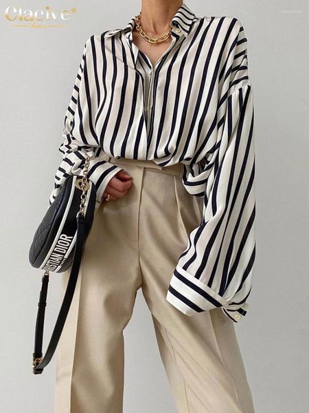 Frauenblusen Clacive Fashion Woman 2024 Herbst Casual Revers Langarm Stripe Print Hemden Lady Elegant Lose Office Frauen Kleidung