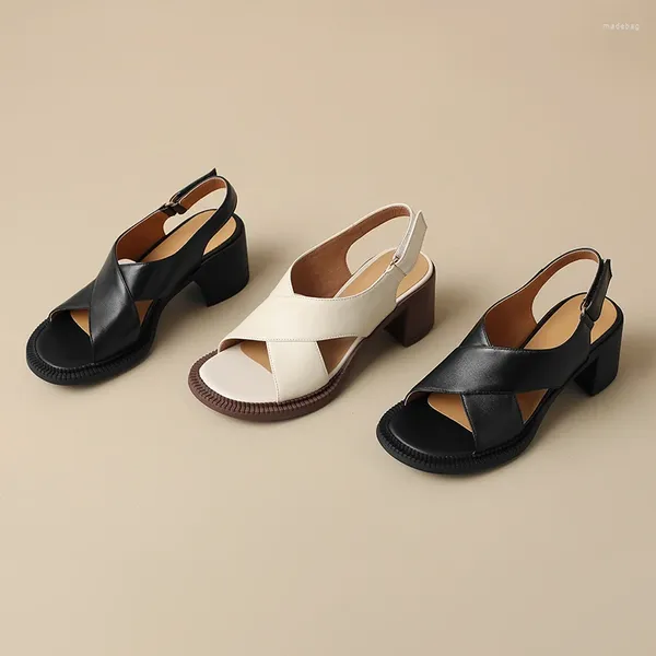 Sandalet Kadın Ayakkabı Gerçek Deri Kalın Topuklar Yüksek kaliteli Zarif Siyah Beyaz Yaz Moda Kısa LX26