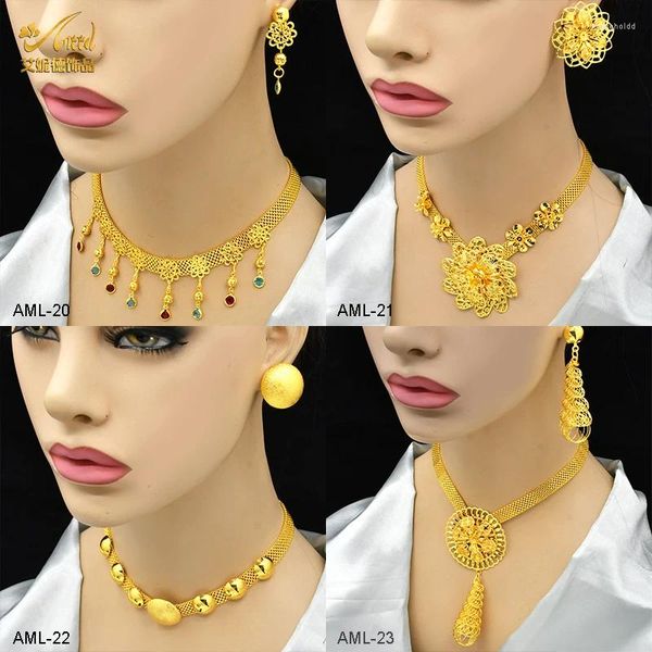 Halskette Ohrringe Set ANIID Sets für Frauen Dubai Afrikanischer Goldfarbener Schmuck Brautring Indischer Nigerianischer Hochzeitsschmuck Geschenk