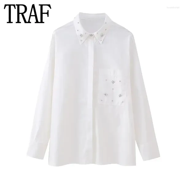 Женские блузки TRAF 2024, белая рубашка со стразами, женская элегантная молодежная рубашка с воротником на пуговицах, осенний топ с длинными рукавами