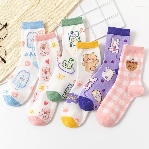 Frauen Socken Animal Print Harajuku Kawaii Kaninchen Bär Design Nette Abstrakte Ölgemälde Koreanischen Stil Kunst Kreative Sokken