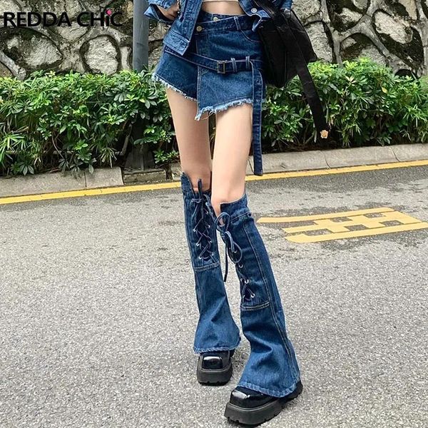 Kadın Çorap Reddachic Bandage Harajuku Grunge Drawstring Jean Uzun Mavi Parlama Botları Kapak Acubi Moda Kız Taytlar