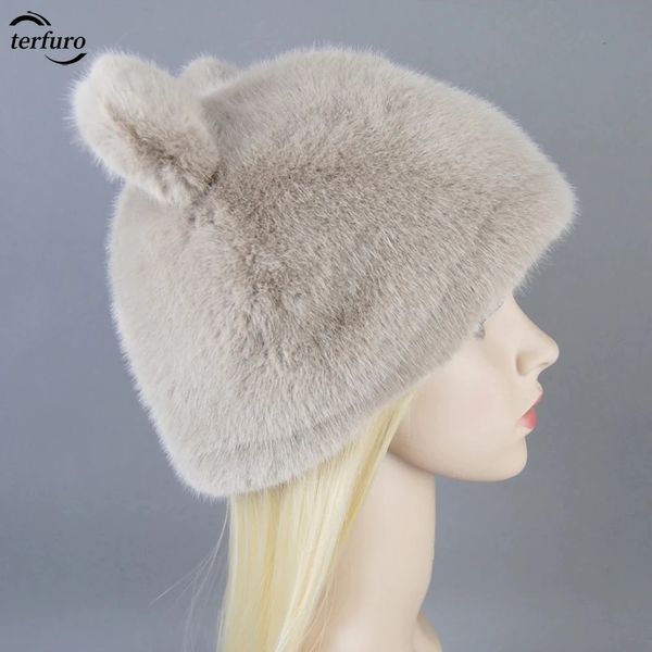 Acessórios inverno russo menina menino à prova de vento mulheres moda boné animal falso pele de vison bonito urso gato orelha chapéu beanie chapéus 240131
