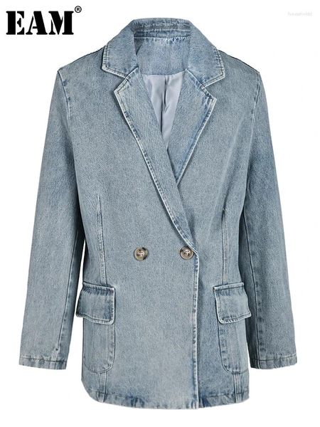 Giacche da donna EAM Blu Denim Giacca vintage di grandi dimensioni Vestibilità ampia Risvolto Manica lunga Cappotto da donna Moda Marea Primavera Autunno 2024 25X01667