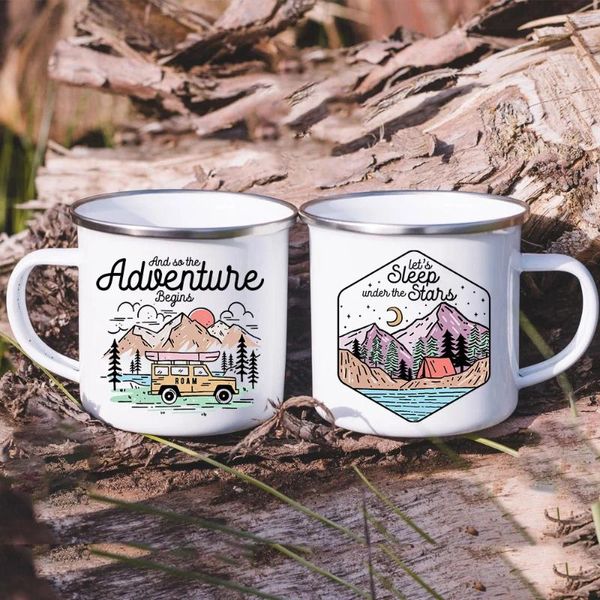 Mugs And So The Adventure Begind bedruckte Tasse, Lagerfeuer, Party, Bier, Kaffee, Camping, Emaille-Tasse, Tassen mit Berggriff, Geschenke für Camper