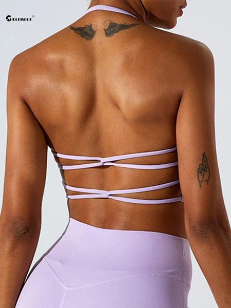 Yoga roupa chrleisure halter pescoço sutiã esportivo feminino linda volta correndo roupa interior de secagem rápida colete de fitness elástico magro tanque topo