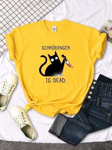 Mulheres camisetas Fêmeas camisetas Schrodinger está morto dos desenhos animados gato preto impressão camisa mulheres oversized macio confortável solto tees confortável engraçado