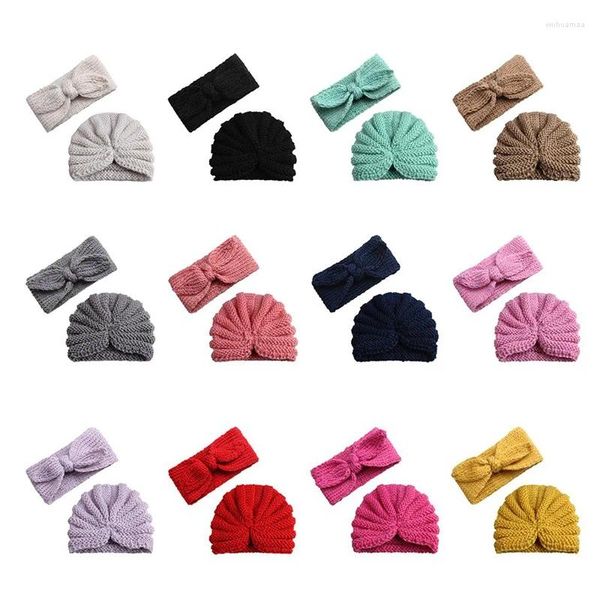 Chapéus nascidos crianças lã orelha algodão chapéu bebê meninas meninos malha turbante boné headband nó cabeça envoltório presentes 2pcs conjuntos