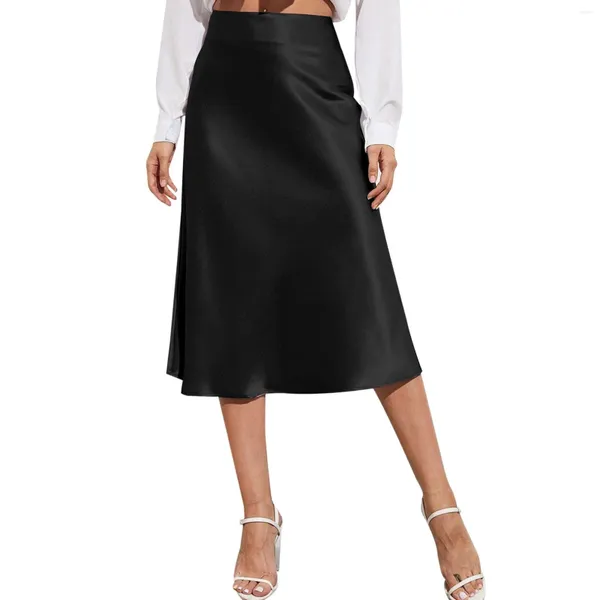 Röcke Hohe Taille Eleganter Rock Damen Midi Satin Seide Solides Kleid Reißverschluss Für Sommer Business Damen Formal