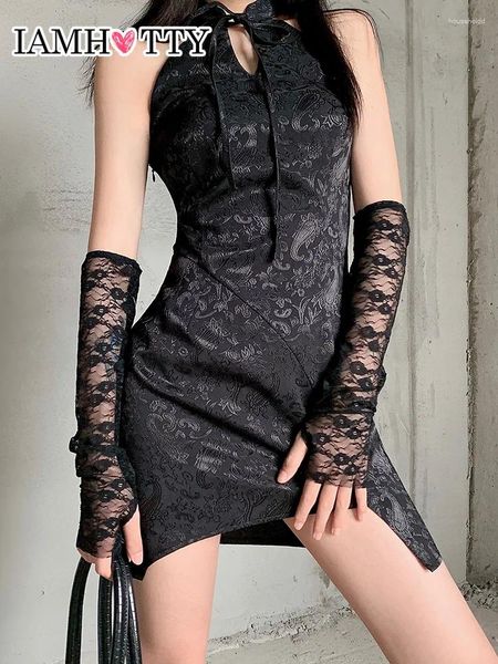 Vestidos casuais estilo chinês jacquard preto vestido floral mulheres sexy fenda bodycon com luvas de renda festa escuro academia cheongsam iamty