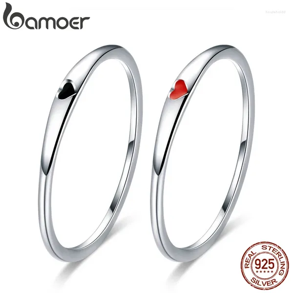 Anelli a grappolo BAMOER 925 Sterling Silver Cerchio rotondo Anello di dito puro Semplice cuore inciso per le donne Gioielli di fidanzamento di nozze SCR468