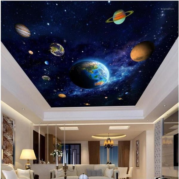 3d потолочные фрески обои картина Голубая планета космическая живопись декор po 3d настенные фрески обои для стен гостиной 3 d1200A