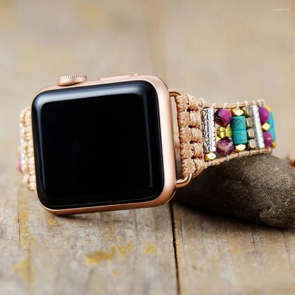 Cinturini per orologi Cinturino per smartwatch Aple in pietra naturale viola vibrante 38mm / 45mm Bracciale con cinturino in turchese con perline Bohemia Accessori Iwatch