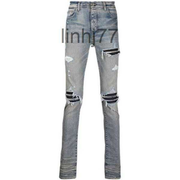 Jeans masculinos designer europeu e americano amirs marca de moda high street mx1 luz azul angustiado patchwork mens slim fit elegante 2pqxh98fr