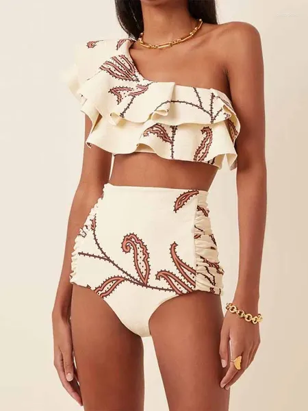 Roupa de banho feminina de um ombro moda bege ruched impresso biquíni cintura alta inferior praia maiô