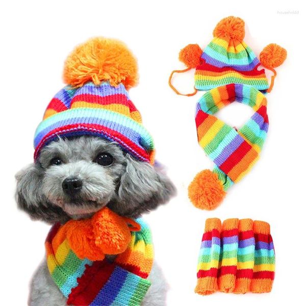 Одежда для собак, 1 комплект (шапка, шарф, гетры), вязаная шапка в радужную полоску, зимние товары для домашних животных, теплая одежда, аксессуары для маленьких собак