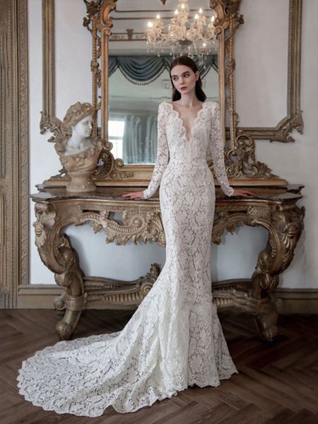 2024 Nuovi abiti da sposa a sirena in pizzo vintage per sexy a V Cappella per le maniche lunghe a maniche lunghe abiti da sposa da sposa da sposa con sposa di corte senza schienale Vestitidos de nobu 403