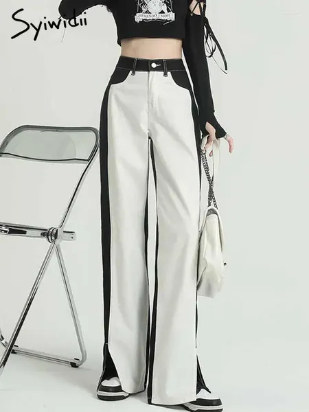 Jeans da donna Syiwidii Y2k Flare Split per le donne 2024 Bianco Nero Gamba larga a vita alta Baggy Vintage Streetwear Pantaloni in denim