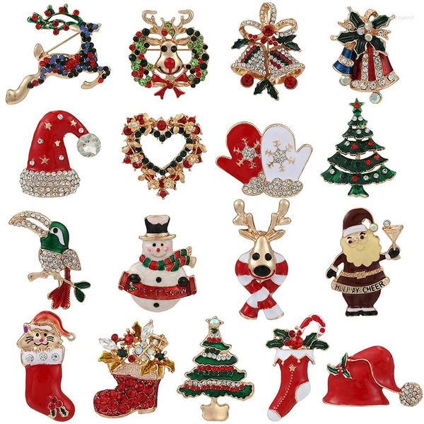 Broches 2024 natal papai noel chapéu luvas sinos meias strass terno pinos de metal emblemas broche ano presente para mulheres homens