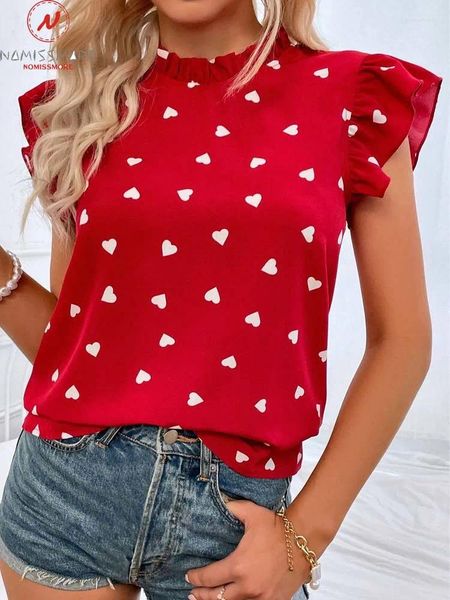 T-shirt da donna Dolce estate donna Stampa cuore T-shirt Scava fuori Design Bottoni Ruffles Decor O-Collo Manica a farfalla Slim Pullover Top