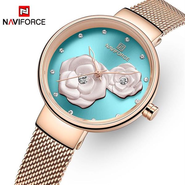 NAVIFORCE Новые часы для женщин, лучший бренд, красивые кварцевые женские наручные часы с цветком, водонепроницаемые часы из нержавеющей стали с сеткой для девочек 226S