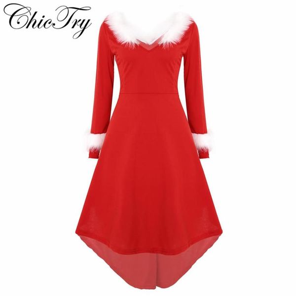 Feminino feminino natal manga longa vestido bodycon férias família vestido de festa gola de pele falsa festa de natal sra papai noel2568