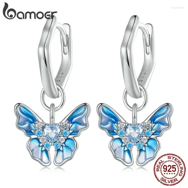 Серьги-кольца Bamoer, стерлинговое серебро 925 пробы, синяя бабочка, пряжки для ушей в форме сердца для женщин, ювелирные изделия с фианитом